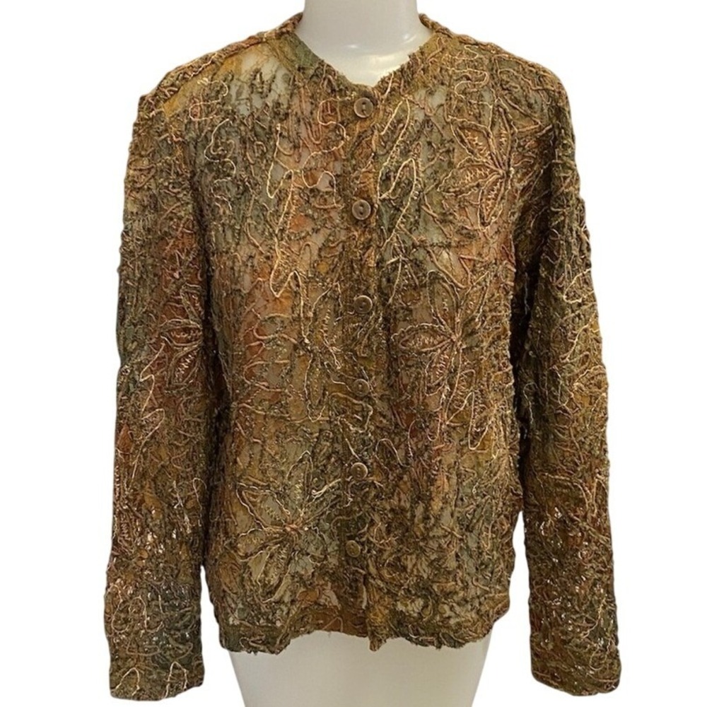 Laura Ashley PS Petit Small Lace Cardigan Jacket Women Green Brown‎ Embroidered